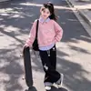 Elegante y Versátil Moda para Niñas Moderna Combinación Perfecta Rayas Patchwork Cuello Polo Falso Dos Piezas Sudadera Pantalones Anchos Casuales Conjunto