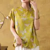 Nuevo top de verano a la moda estilo chino, cuello redondo, botones retro, manga corta, estampado, sencillo, ropa ligera para mujer