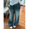 Calça jeans feminina plus size de design original, calça wide leg estilo retro americano, calça reta lavada e personalizada