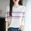 25 Años Nuevo Estilo Verano Bambú Lino Cuello Redondo Tejido Camiseta de Manga Corta para Mujer Jacquard Suéter Delgado Camiseta Básica Superior