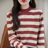 Suéter de malha feminino Andi de veludo com gola semimédia listrado, novo para outono e inverno, de manga comprida, moda solta, estilo coreano, estiloso e quente