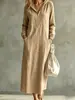 Vestido Longo com Capuz e Meio Zíper de Algodão e Linho, Mangas Longas com Punhos, Estilo Férias, Estilo Casual, Outono 2026, Cruzamento de Fronteiras Europeu e Americano