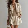 2026 Cruzado Caqui Blanco Doble Botonadura Rayas Verticales Manga Enrollable Blazer Para Viajar Mujer Cintura Alta Shorts Casuales