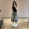Jeans crop vintage lavados rasgados estilo coreano para mujer, pantalones rectos casuales holgados de pierna ancha de cintura alta adelgazantes para verano