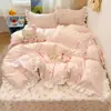 Conjunto de Quatro Peças Estilo Princesa Fresca 100% Algodão Conjunto de Três Peças Estilo Renda Desenho Animado Fofo 100% Algodão Capa de Edredom Lençol de Cama Nantong 4