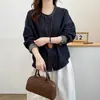 2026 Nuevo Diseño Elegante Casual Versátil Camisa para Mujer Estilo Japonés Azul Oscuro Color Bloqueado Mezclilla Chaqueta Top