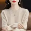 Suéter 100% Lã Pura para Mulheres, Novo Estilo Outono e Inverno, Cor Sólida, Suéter de Tricô Simples Pulôver, Top Base Soltinho, Versátil