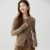 Cardigã de Cashmere Feminino Gola Redonda Manga Longa Cor Sólida Slim Fit Suéter Peça de Roupa Externa Costela Versátil Jaqueta com Zíper Duplo