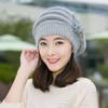 Gorro de lana con flores para mujer, boina de piel de conejo gruesa de terciopelo para exteriores, cálido, de punto, con protección para las orejas, moda de otoño e invierno