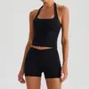 Conjunto de Sutiã Esportivo de Manga Curta com Gola Halter e Bolso para Corrida e Yoga Calça Longa e Curta para Mulheres