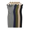 Vestido Longo Slim com Gola Swing de Verão Estilo Pura Luxúria 2025 Novo Franzido na Cintura que Cobre a Barriga Fenda Sexy nas Costas