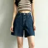 Shorts jeans azul escuro de perna reta para mulheres, novo estilo verão 2026, cintura alta, modelador, corte A, solto, calça de perna larga de comprimento médio