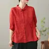 Camisa casual simple de manga corta para mujer, nueva de verano, algodón y lino, bordado pesado, cuello POLO fino, corte holgado.