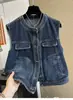 Chaleco Vaquero Redondo Retro Estilo Hong Kong para Mujer, Nuevo Modelo Otoño 2025, Talla Petite, Chaleco Chaqueta Sin Mangas Súper Popular para Superponer