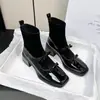 Botas Slimming Retrô Quadradas com Laço Elástico Patchwork Mary Jane Meia Botas Salto Grosso Plataforma Tornozeleiras Femininas 2026