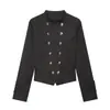 Fabricante de ropa para mujer transfronterizo al por mayor 2026 Moda europea y americana casual ajustada chaqueta de doble botonadura con hebilla metálica y cuello alto
