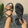 Sandalias Planas Nuevas Shein2025 Aliexpress Europeas y Americanas Transfronterizas Sandalias Romanas Cruzadas Tejidas para Mujer