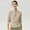 Suéter de Tricô Henley Retro com Botões e Gola Meia-Alta Feminino 75% Cashmere 25% Seda Fio de Flor Manga Longa Solto para o Dia a Dia