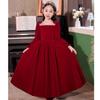 Vestido de Anfitriona para Niña, Vestido de Princesa para Cumpleaños de Niña, Vestido de Terciopelo Color Borgoña de Manga Larga para Presentación de Piano de Niña Pequeña, Primavera