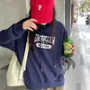 Moletom com Capuz Azul Marinho Vintage Retrô Americano para Mulheres Forrado com Lã Outono e Inverno 2024 Novo Casaco Solto Top