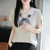 Bufanda de Seda con Cuello Polo Estilo Old Money Camiseta de Punto de Manga Corta para Mujer, Diseño Coreano de Verano, Delgada y Adelgazante, Top Elegante