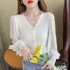 2026 Nuevo Cardigan Abrigo de Gasa Patchwork Cuello en V Estilo Francés Versátil Tallas Grandes Ajuste Delgado Tejidos para Mujeres de Tallas Grandes