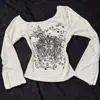 Camiseta de Manga Larga con Estampado Retro Americano de Primavera Temprana Transfronteriza, Rayas, Encaje, Patchwork, Subcultura Y2K, Top, Venta al por Mayor