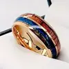 Superventas Transfronterizo Acero Inoxidable Personalizado Moda Incrustado 8mm Biselado Oro Rosa Doble Ranura Patrón de Madera + Rayas Azules y Blancas