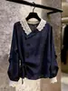 Camisa de retazos estilo francés de comercio exterior para mujer, estilo para ir al trabajo, diseño único, top elegante, azul marino, súper elegante 2026