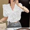 Verão Novo Estilo Coreano Doce Babado Elástico Uma Alça Manga Curta Emagrecedor Camisa Feminina Top de Uma Alça