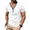 Camisa Henley estilo americano 2026 de manga corta para hombre, color liso, con botones, camiseta cruzada para hombre, verano, simple, casual, corte ajustado