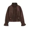 ZA Chaqueta Corta Retro de Cuello Alto Ajustada a la Cintura para Mujer, Nueva de Otoño/Invierno Transfronteriza, Color Sólido Desgastado, Puños con Cordón, Abrigo Casual