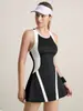 Ropa de Yoga Transfronteriza Estilo Nuevo Bloqueo de Color Tirantes Cruzados Vestido Deportivo Falda de Tenis de Verano para Mujer Mono Adelgazante de Cintura Alta