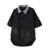 Camiseta pesada de manga curta estilo rua americana para homens, look de duas peças para o verão, camiseta polo de marca moderna com gola alta e estampa xadrez