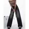 Jeans Largo Preto-Cinza Desgastado com Strass e Cordão na Cintura Alta, Processo de Lavagem Degradê, Estilo de Rua, Calça Longa Emagrecedora