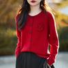 Abrigo de lana pura de ganchillo tridimensional para mujer, cárdigan de punto rojo suave y ajustado con cuello redondo, primavera 2024