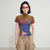 Camiseta Plissada de Manga Curta Estilo Miyake para Mulheres, Novo Modelo de Verão, Estampa de Cacto Contrastante em Duas Cores, Gola Meia-Alta, Top Plissado