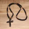 Collar de Piedra Ojo de Tigre Nueva Venta Caliente Transfronteriza Colgante de Cruz Personalizado Piedra Ojo de Tigre Cuentas Mate Cadena Larga Joyería al Por Mayor