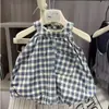 Nuevo Top de Tirantes a Cuadros Retro de Verano para Niñas 2026 Conjunto de Dos Piezas para Bebé Estilo Plaid Forest