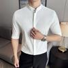 Fw378 2024 Estilo Chino Holgada Elástica Oculta de Botones Camisa de Manga Media para Hombre Casual de Negocios Camisa con Cuello Alto