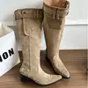 Botas altas de moda 2026, estilo nuevo, de caña ancha, adelgazantes, hasta la rodilla, con punta fina, tacón grueso, hebilla de cinturón y diseño fruncido
