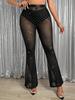 Shein Nova Menina Quente Sexy Malha Flocada Transparente Calças Flare Verão Respirável Destaque Prata Calças Flare