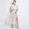 Vestido Europeu e Americano de Manga Bufante Plissado Slim Organza Lindo Fashion Slim Midi Estilo Coreano Saia Longa