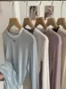 Camiseta de Manga Larga de Doble Capa con Costilla de Color Contrastante Ovalada Pequeña Decorativa Lyocell Tencel para Mujer 8514