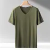 Camiseta de Manga Corta con Cuello en V de Seda de Hielo de Comercio Exterior para Hombre, Verano, Color Puro, Seda de Hielo Fresca, Manga Media, Delgada, Elástica, Secado Rápido