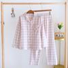 Pijama feminino de algodão gaze de dupla camada manga comprida primavera e verão fino para casa casal xadrez simples terno masculino japonês