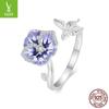 Anel de prata original com pingente de borboleta, flor de amor-perfeito, abertura ajustável, elegante e lindo anel de prata esterlina s925