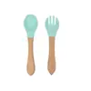 Cuchara Tenedor de Silicona para Bebé Dumo con Mango de Madera traje Cuchara Tenedor para Alimentación Infantil Suave Resistente a Caídas Alimentos Complementarios para el Hogar del Bebé
