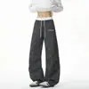 Pantalones Casuales de Cuadros Estrella Americana para Hombres y Mujeres Otoño Estampado de Letras Versátiles y Fluidos Pantalones Deportivos Pierna Ancha Pantalones Largos hasta el Suelo
