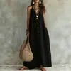 2026 Verano transfronterizo europeo y americano nuevo vestido largo de lino de color liso con botones casual de moda para mujer